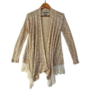 Flying‎ Tomato Open Front knit Cardigan with Lace Trim Womens Small Tan Cream